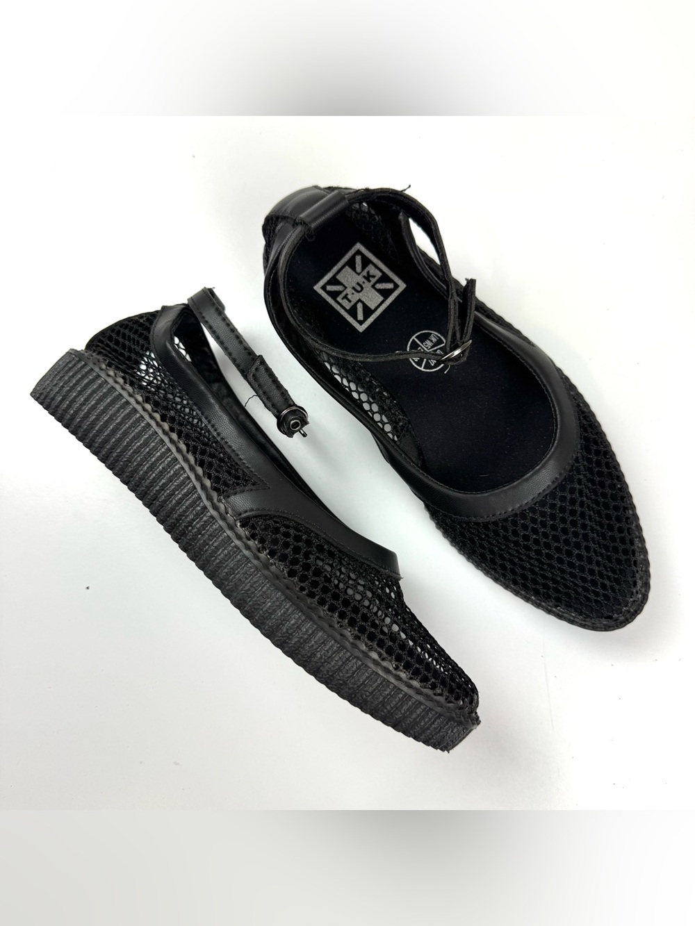 T.U.K. Footwear Black Fishnet Pointed Ballet Creeper Mary Jane Shoes Womens Sz 7